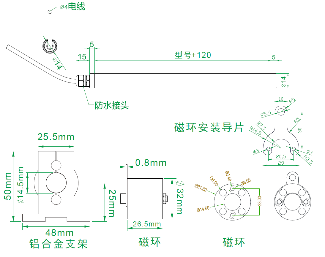 MIRAN米朗PME14磁阻式直线位移传感器安装尺寸图电子尺电阻尺