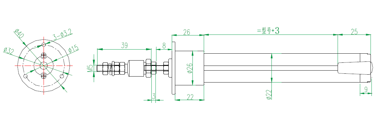 MIRAN米朗科技KPF法兰安装小型拉杆式位移传感器安装尺寸图