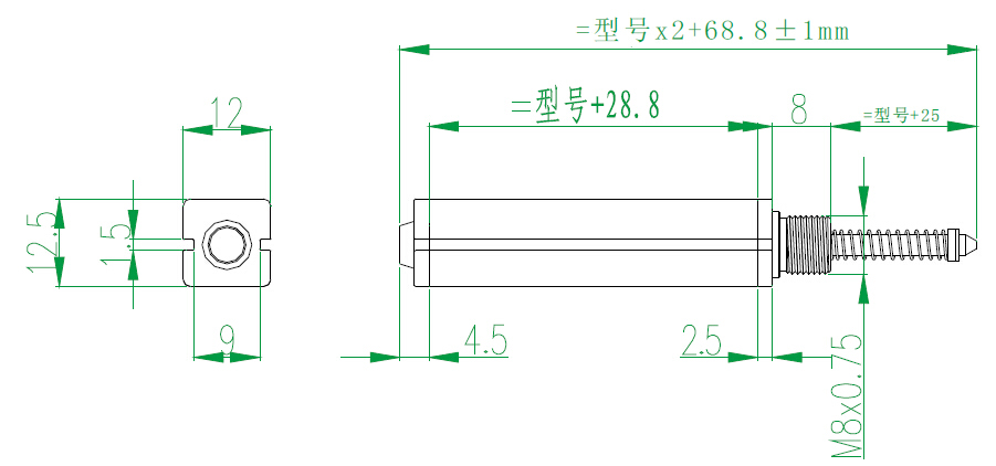 MIRAN米朗KSC微型外置弹簧式自复位式方管位移传感器安装尺寸图