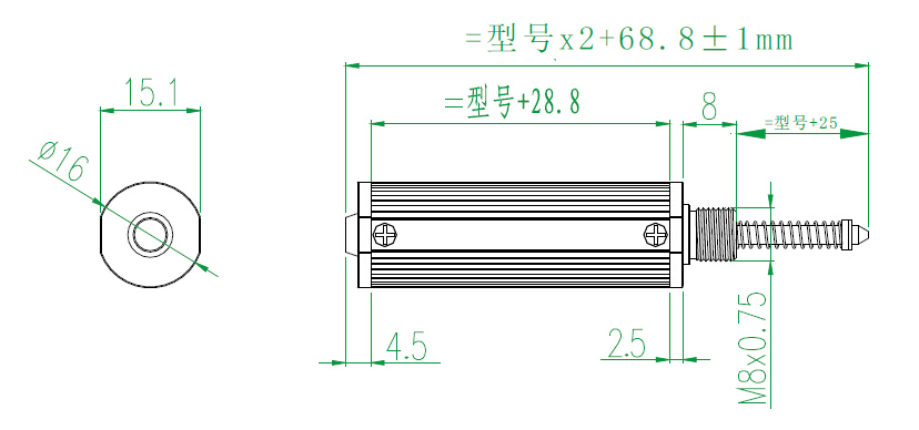 MIRAN米朗科技KSP微型外置弹簧自复位式圆管位移传感器安装尺寸