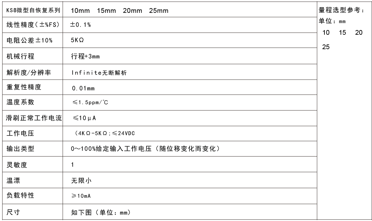 KS8微型内置弹簧自复位式位移传感器技术参数S8FLP10A