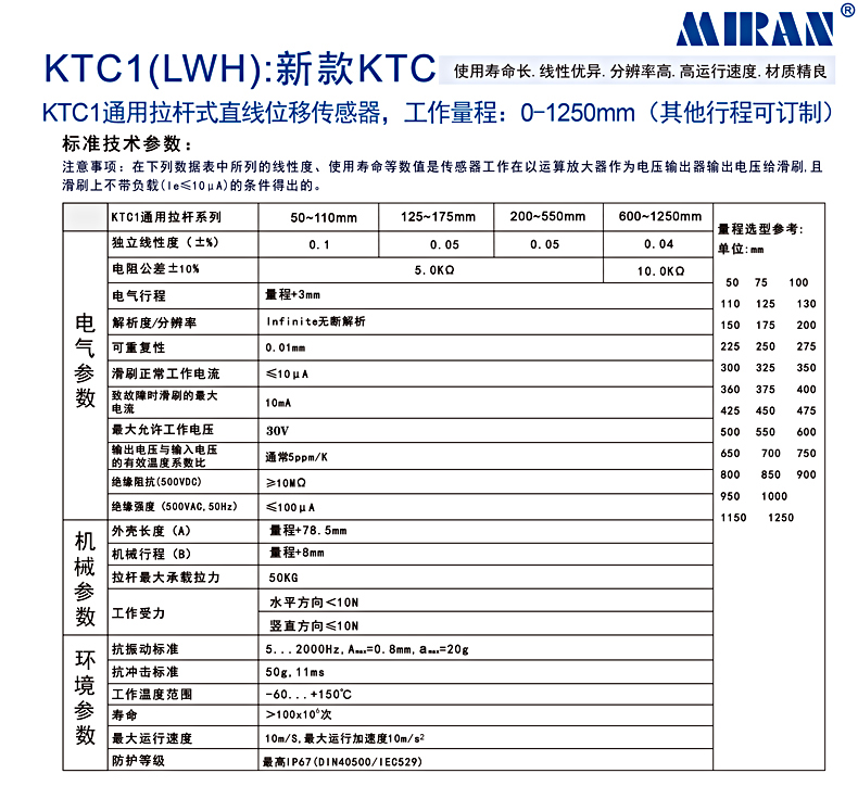 MIRAN米朗KTC1拉杆电子尺直线位移传感器