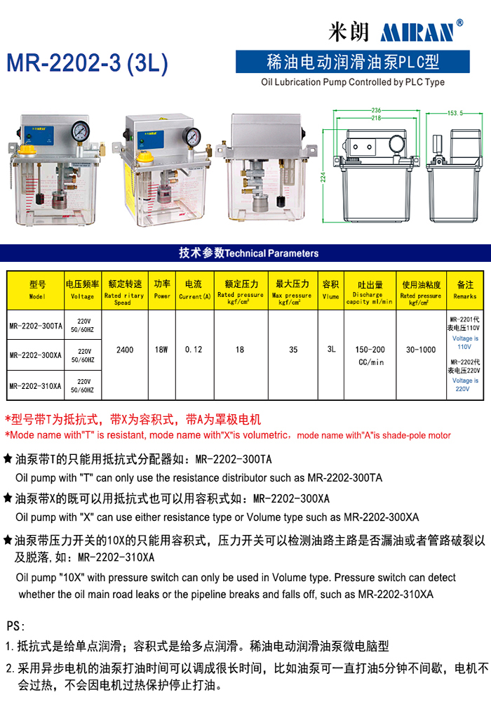 米朗MR-2202 (3L) PLC型电动润滑油泵（3L稀油泵）产品及尺寸图