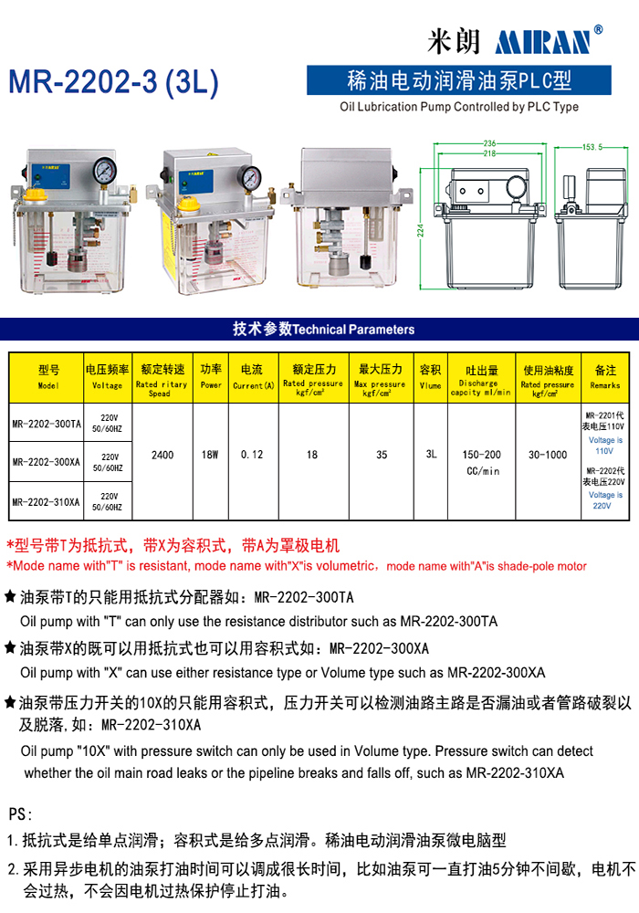 米朗MR-2202 (3L) PLC型电动润滑油泵(3L稀油泵)产品及尺寸图 米朗MR-2202 (3L) PLC型电动润滑油泵(3L稀油泵)产品及尺寸图