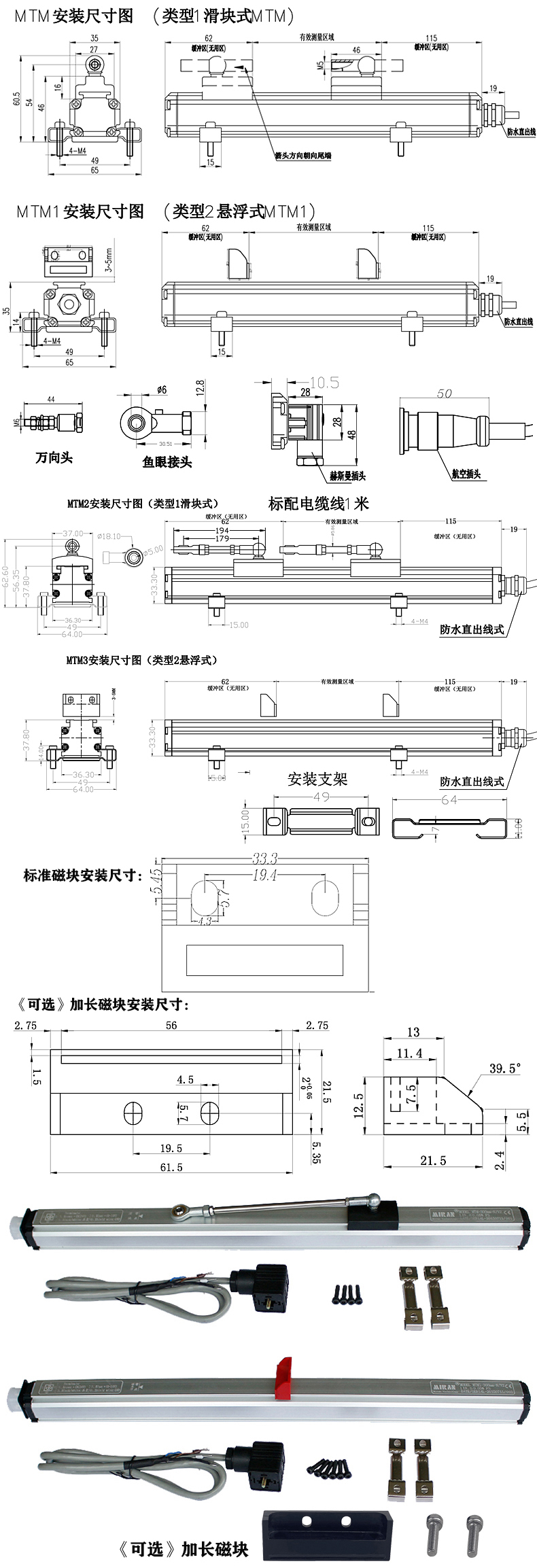 三、MTM1磁悬浮滑块式磁致伸缩位移传感器安装尺寸图