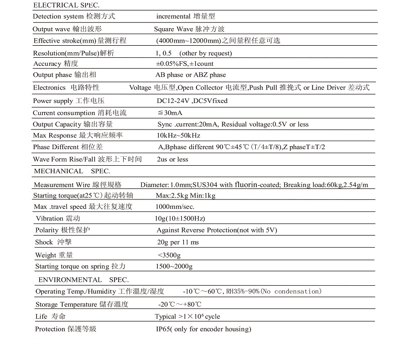 MPS-L系列拉绳位移传感器技术参数