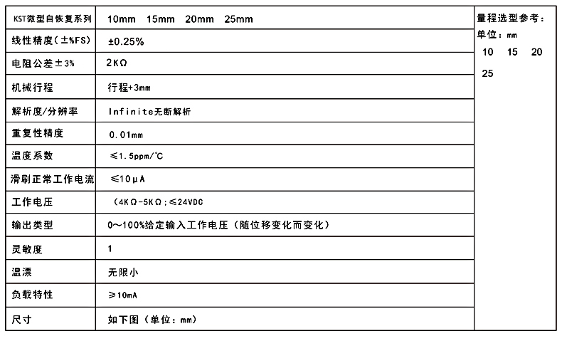 KST自复位式位移传感器的技术参数